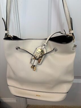 Ralph Lauren Cream Leather Drawstring Shoulder Bag with Gold Hardware